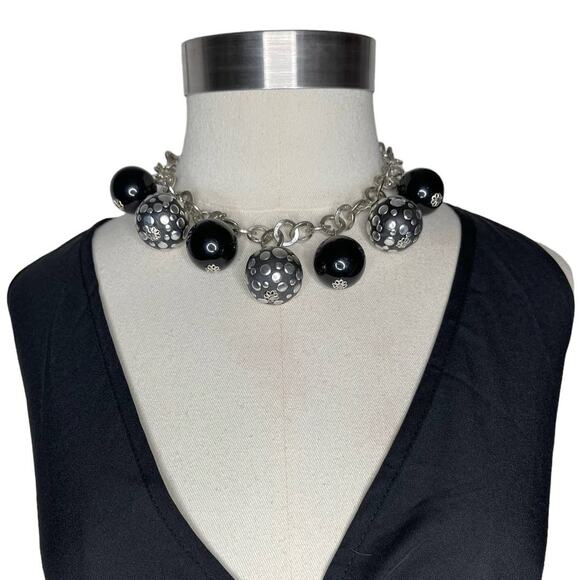 Silver And Black Choker Dangle Necklace Chunky Statement Necklace - Picture 1 of 10